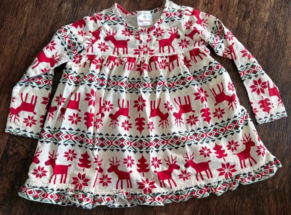 Hanna Andersson Girls Size 12-18 mo Cream Red Reindeer Fair Isle Nightgown EUC